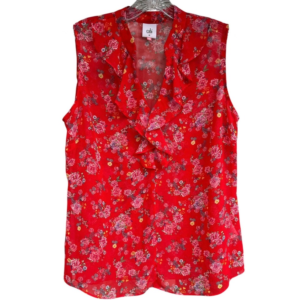 Cabi Crush Ruffle Blouse Red Floral Sleeveless V-Neck Top 5219 Medium